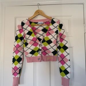 Ganni Pink Argyle Cardigan Sweater